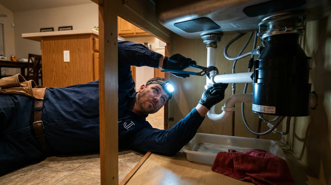 P-trap and supply line connections under a kitchen sink showing a common leak point in Saint Matthews, SC